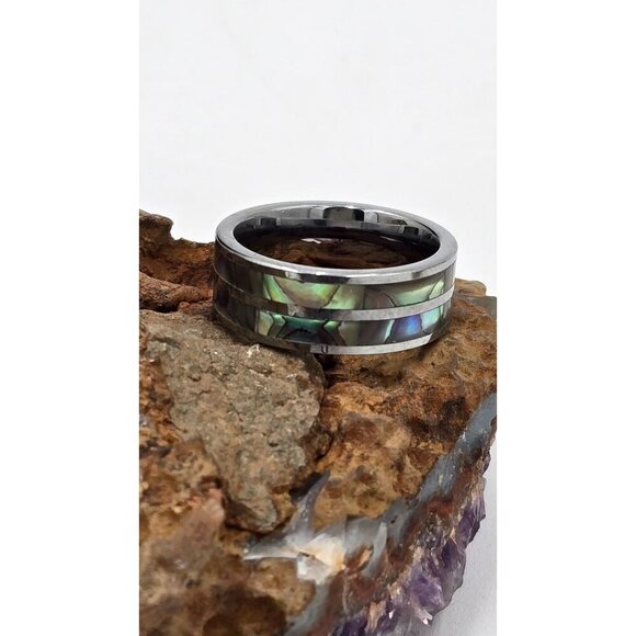 Tungsten Men's Double Abolone Inlay 8mm Wide Band Ring Size 9 Wedding - Picture 1 of 5